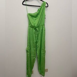 Silky Jumpsuit One shoulder, zipper right side, jogger style at the bottom